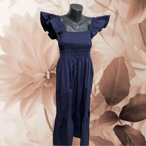 Elegant Blue Maxi Sundress with Smocked Bodice and Flutter Sleeves